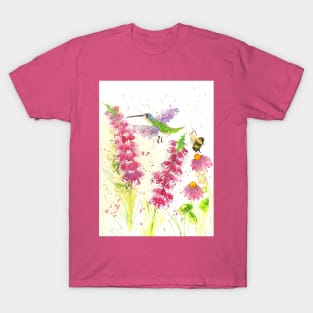 Colourful Hummingbird and a Bumblebee among Pink Flowers T-Shirt